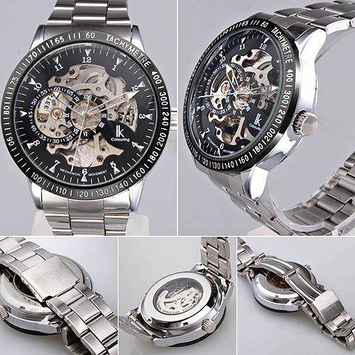   Mechanical Silver Band Black Mens Watch Self Winding Waterproof IK