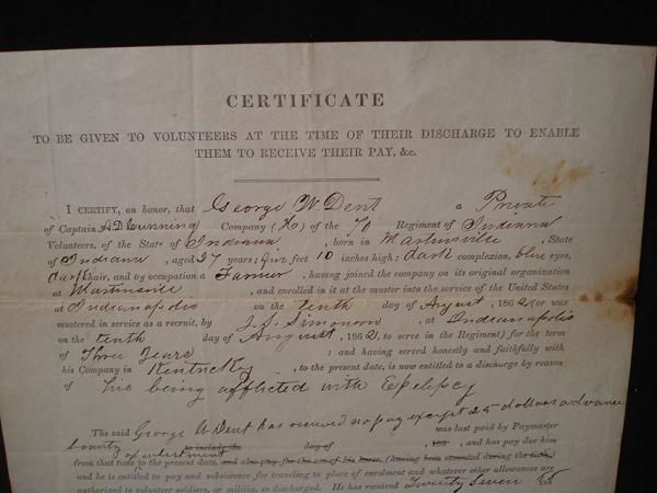   WAR 70TH INDIANA VOLUNTEER INFANTRY DISCHARGE VOUCHER 1862  