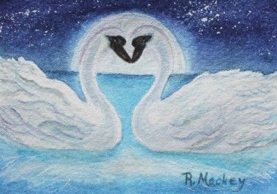 ACEO Original W/C Valentine, Bird, Trumpeter Swans Sweet Hearts by R 