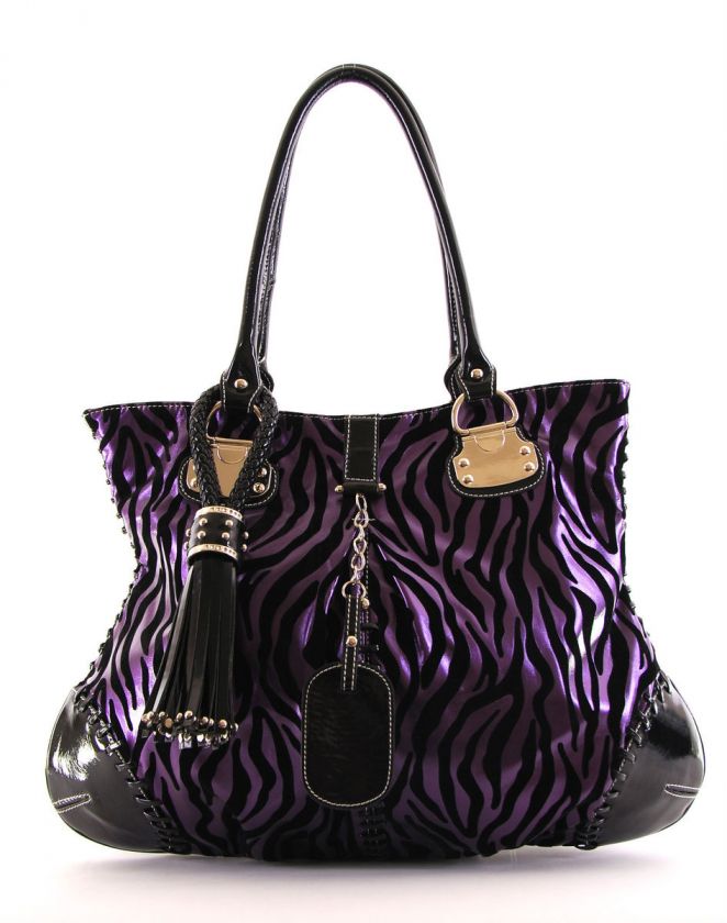 Louise PURPLE Velvet Zebra Design Tasseled Oversized Satchel Bag Purse 