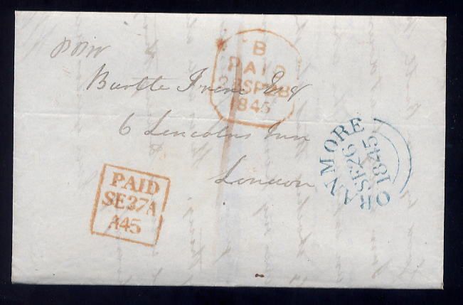 IRELAND ORANMORE 1845 1d POST VERY FINE COVER to LONDON  