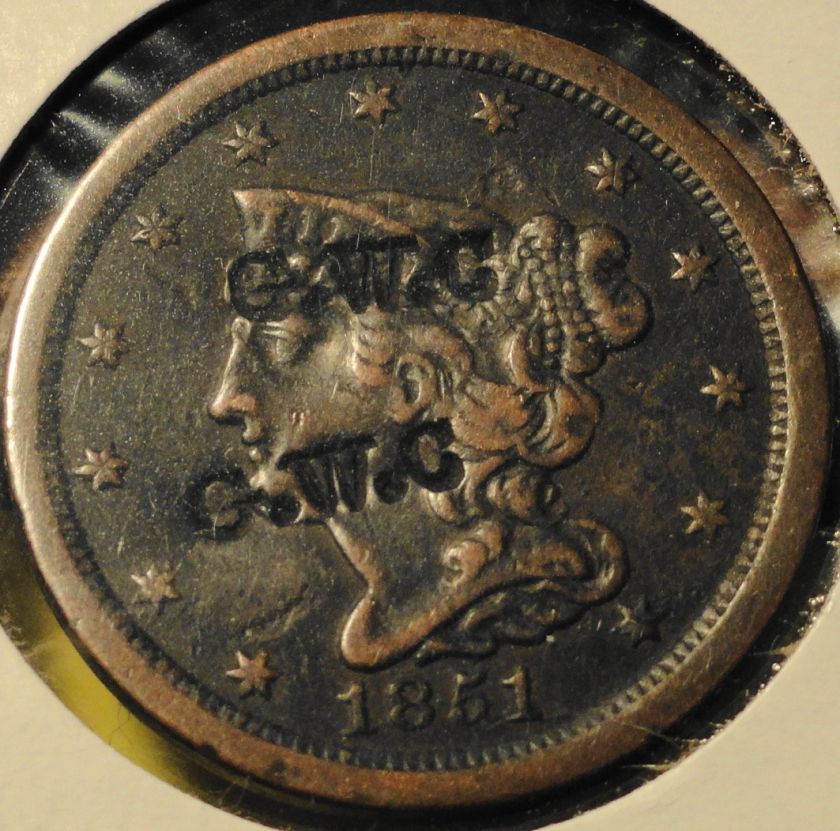 1851 Bradide Hair Half Cent, Counterstamped  