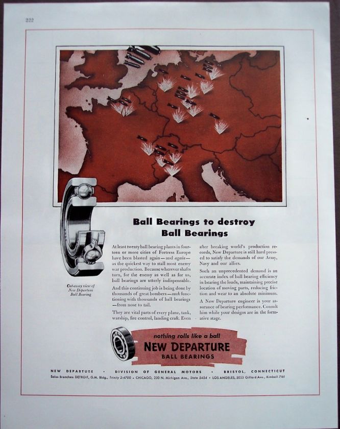 1945 New Departure ball bearings WWII vintage ad  