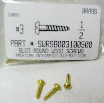 3x1/2 Round Head Slotted Wood Screw Brass (100)  