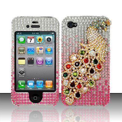 For Apple iPhone 4 4S AT&T Phone 3D Golden Peacock Pink Crystal Stone 