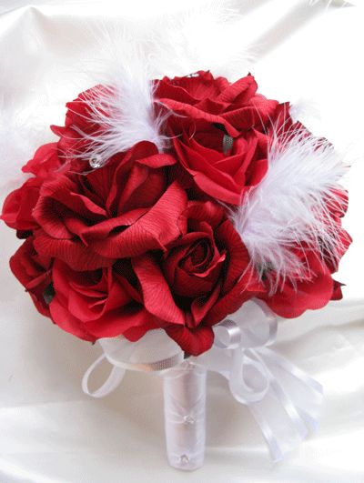 Wedding Bouquet Bridal silk flowers APPLE RED WHITE FEATHER bouquets 