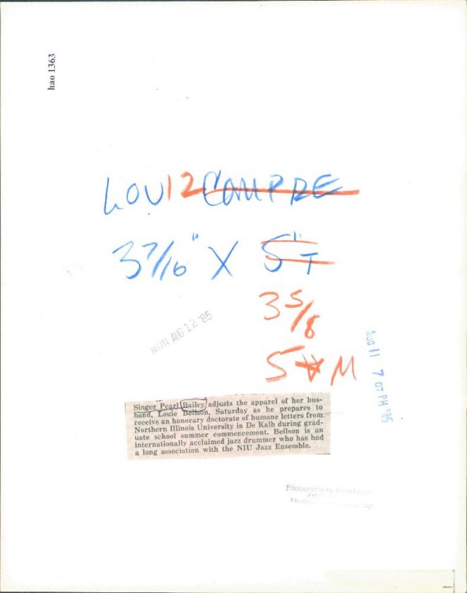 1985 Singer Pearl Bailey & NIU Grad Husband Drummer Louie Bellson Wire 
