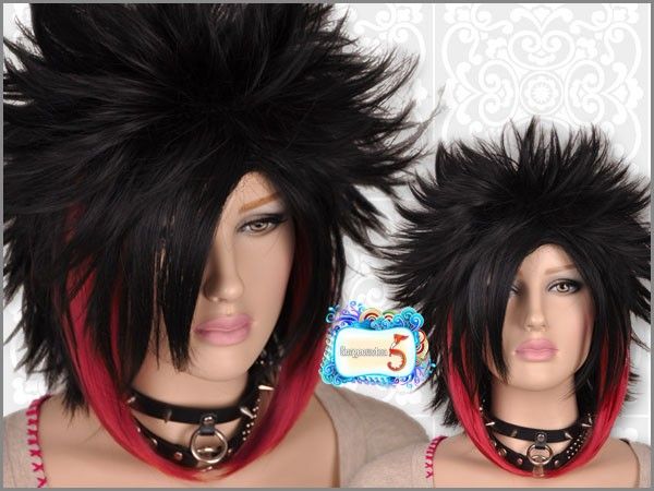 GW099 Burst Short Spike Punk Rock Black Red Mixed Wig  