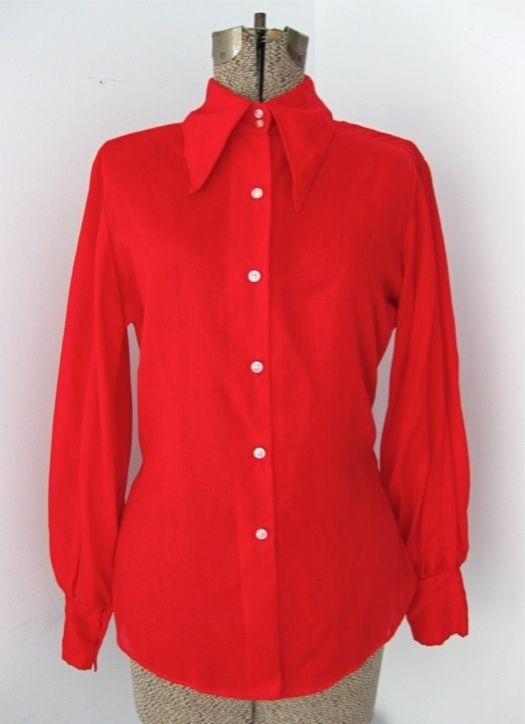 Vtg 60s 70s Mod Bright Red Disco Fitted Blouse Top Pirate Shirt Big 