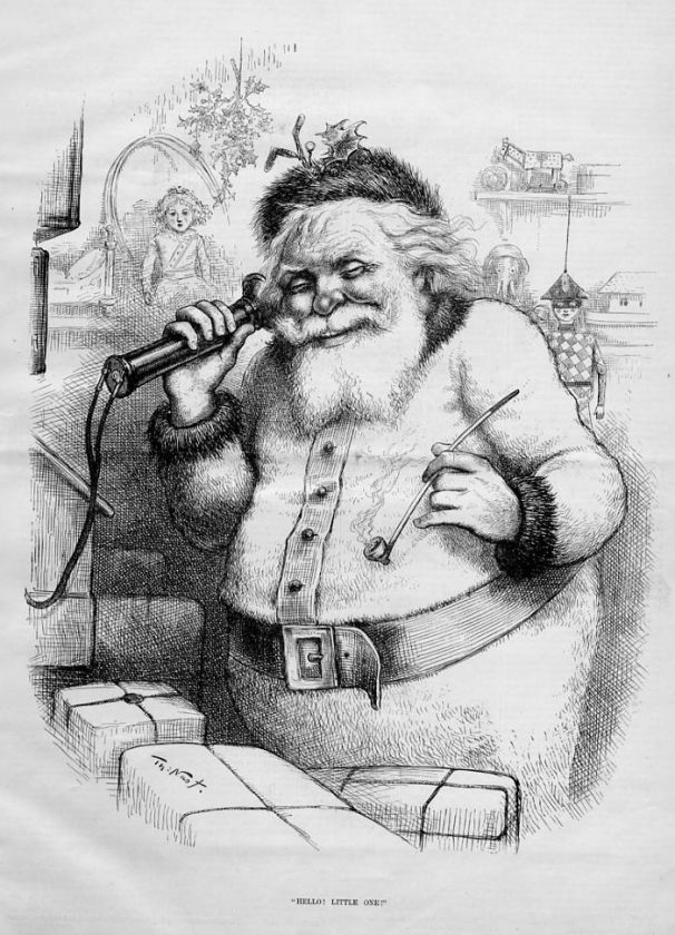 THOMAS NAST SANTA CLAUS WITH PIPE IN HAND, HELLO SANTA  