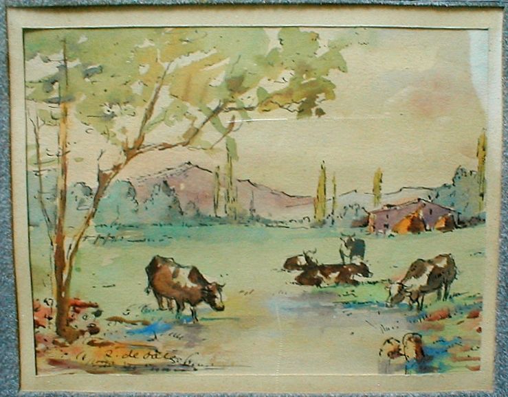 FRAMED WATERCOLOR PAINTING FRENCH COWS MOOR 1930  