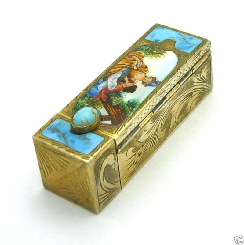   1930 Lipstick Holder Silver Enamel Gold Washed Mirror inside  