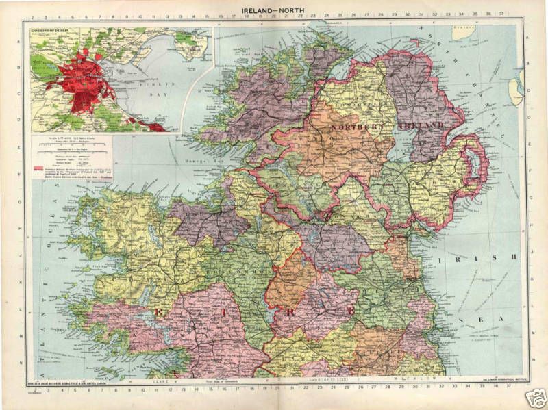 Beautiful Large 1940 Philips Map Ireland North, Dublin  