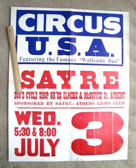 ca 1950s CIRCUS USA POSTER Wallenda Duo SAYRE OHIO  