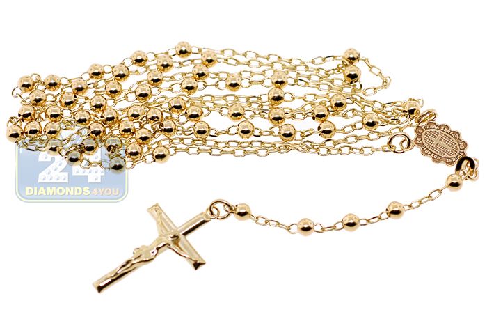 10K Yellow Gold Mens Rosary Cross Necklace 17 1/4 Inch  