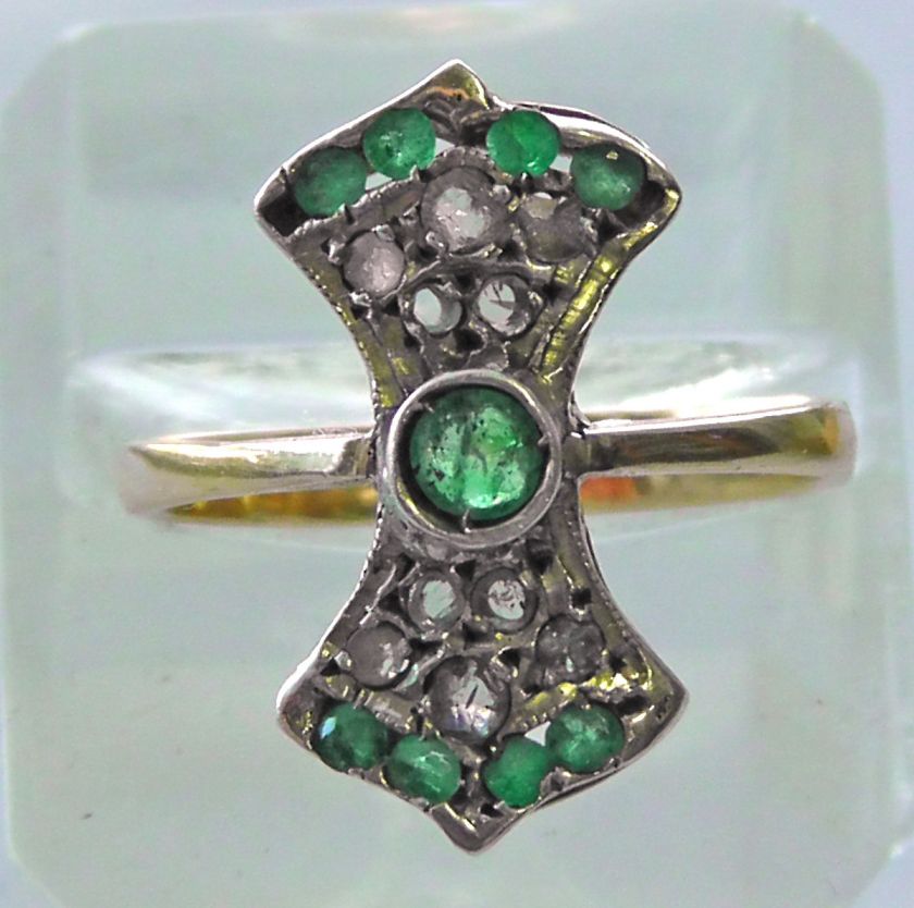 ANTIQUE ART DECO 0.22CT ROSE DIAMOND 0.40CT EMERALD BEAUTIFUL BOW RING 