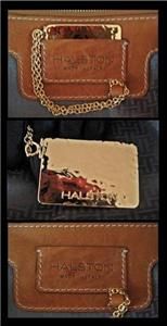 HALSTON Cherry Tan Brown leather & Brass clutch bag Made in Italy RP 