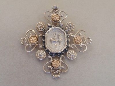 SOLID SS 925 & 14k Gold TAGLIAMONTE INTAGLIO Cross Pendant  