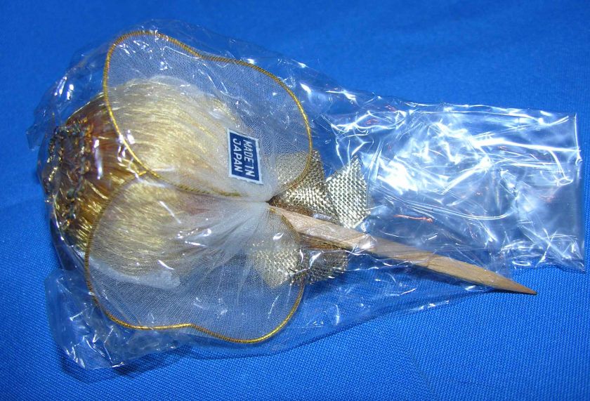 VTG FABULOUS LG 1960 GOLD XMAS ANGEL HEAD ON WOOD PICK, W NET WINGS 