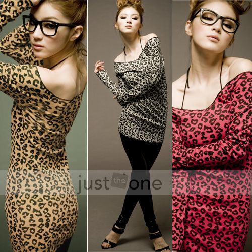   Ladies Off Shoulder Top Blouse Long Sleeve Leopard Print Slim T Shirt