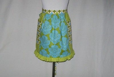 Vintage Inspired Blue and Green Damask Half Apron  