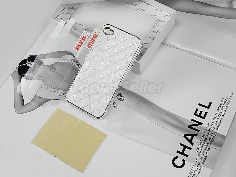 New White Deluxe Patent Leather Chrome Case Cover for iPhone 4 4G 4S 