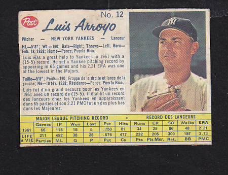 1962 Post Canadian #12 Luis Arroyo New York Yankees  