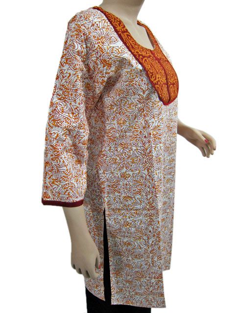 Beautiful Ethnic Long Kurti Tunic 100% Cotton White Paisley Print 