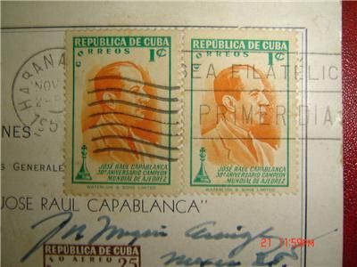 CUBA CHESS,CAPABLANCA, EDWARD LASKER STAMPS, SEVERAL AUTOGRAPHS