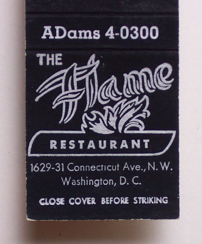 1950s Matchbook The Flame Restaurant Washington DC MB  