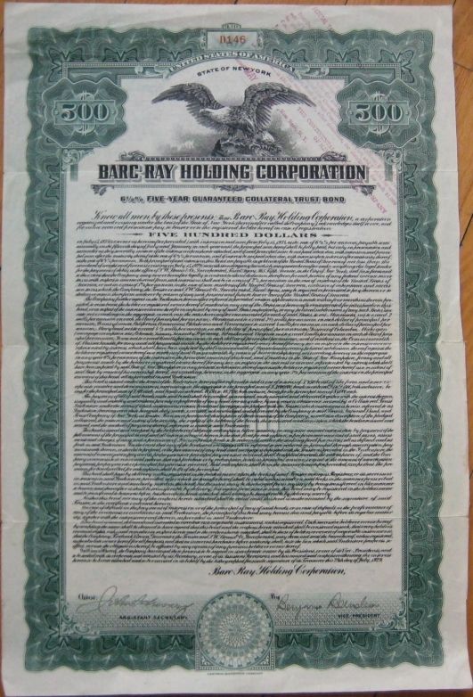 1929 Bond Certificate Barc Ray Holding Corp., New York  