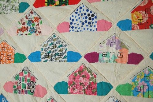 CHEERY Vintage Honeymoon Cottage House Folk Art Hand Stitched Antique 