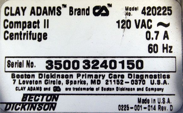 Clay Adams BectonDickinson 420225 Compact II Centrifuge  