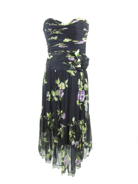 RICKIE FREEMAN TERI JON Black Floral Strapless Dress S  