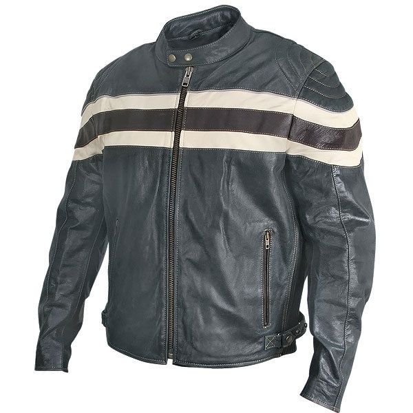 Mens Black Racer Motorcycle Jacket pale yellow stripes  