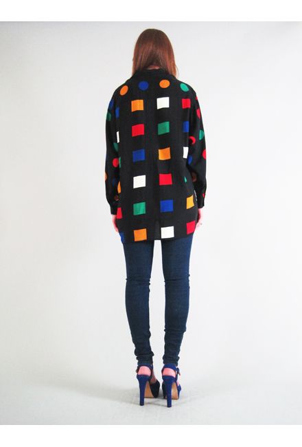 Vtg 90s PRIMARY COLOR SQUARE DOT COLORBLOCK OVERSIZE button down black 