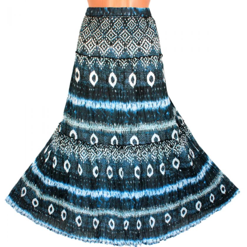 Womens Boho Plus Size Full Length Long Maxi Skirt 2X 3X Blue White 