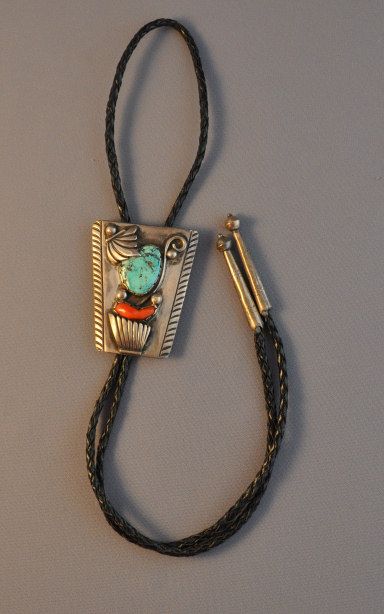 NAVAJO HEAVY SILVER BOLO TIE   CORAL TURQUOISE STONES  