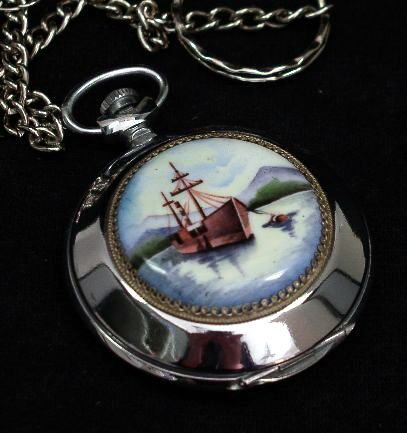 Russian Pocket Watch MOLNIJA #0140 w/Hand Painted Enamel SEASCAPE 