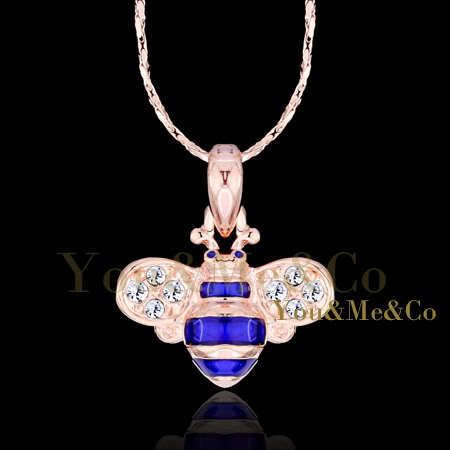 18k Rose Gold EP Brilliant Cut Crystal BLUE BEE Pendant Necklace 