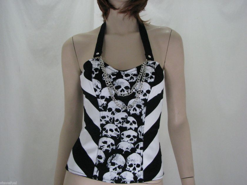   TOPIC striped & skull top w/ metal chain & boning halter top  