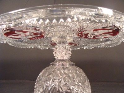 Vintage HOFBAUER Ruby Red Bird Byrde CRYSTAL Glass Footed Cake Plate 