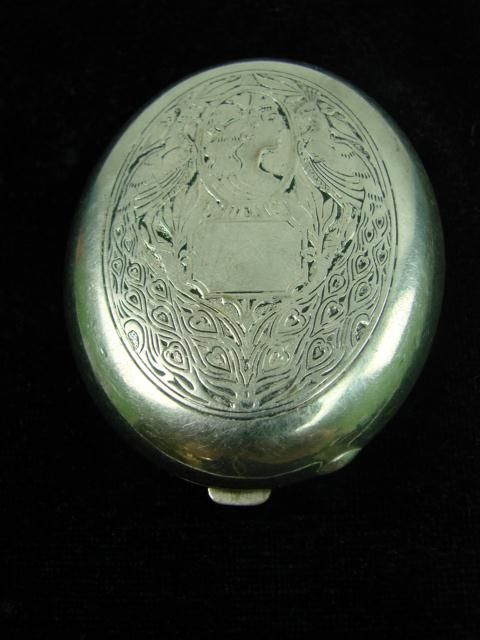 Antique Art Nouveau Victorian Woman Peacock Silver Lipstick Compact 