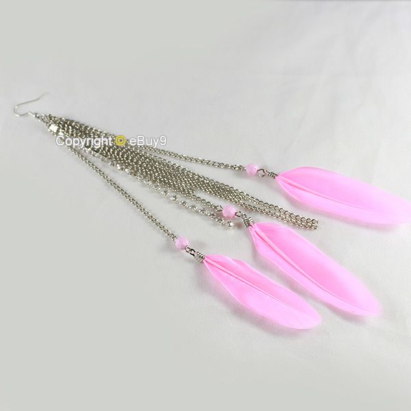   Fashion Hook Earrings Goose Feather Crystal Chandelier Long Dangle SkM