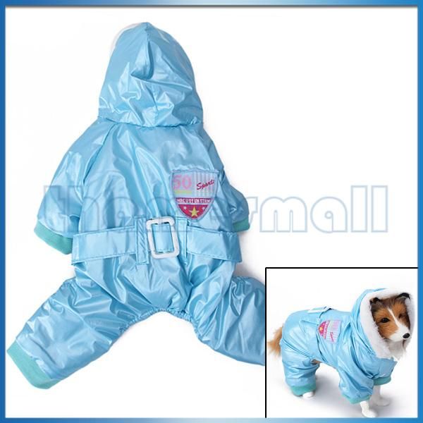 Pet Dog Blue Hoodie Hooded Coat Jacket Jumpsuit Clothing w/ Waist Belt 