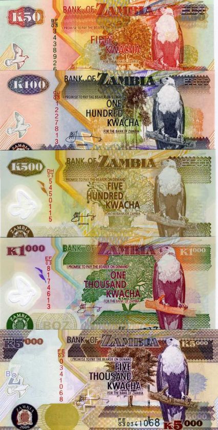 Zambia, SET, 50;100;500;1000; 5000, 2005 2009, New, UNC  