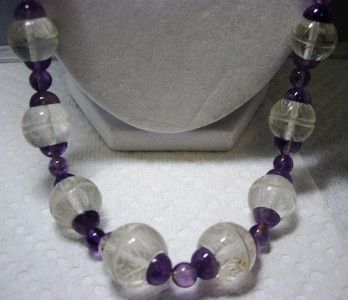 FINE~Vintage DECO Carved Rock Crystal ~ AMETHYST & Glass Crystal Bead 