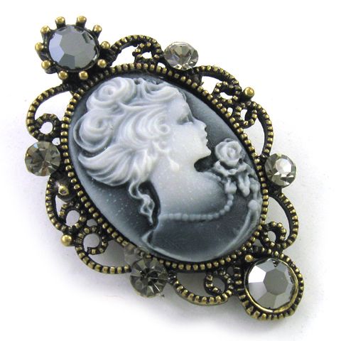 VTG ST Lady Dark Gray Cameo Pin Brooch Pendant Necklace  