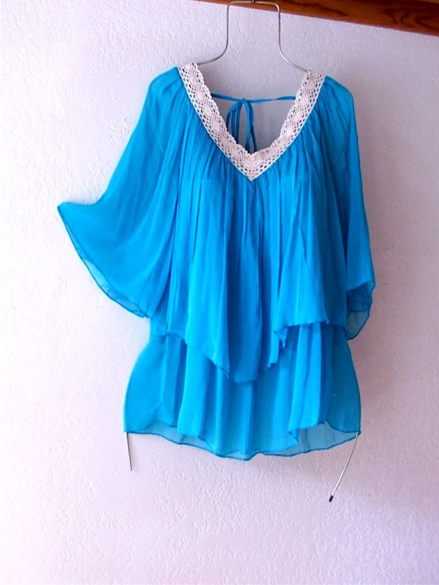 NEW~Turquoise Blue Aqua Ivory Vintage Lace Kimono Blouse Shirt Top~12 