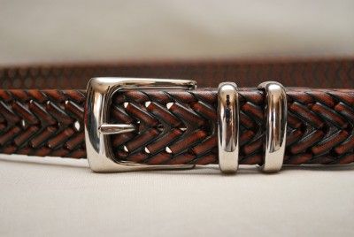 PERRY ELLIS MENS 34 BRAIDED WOVEN BROWN LEATHER BELT  